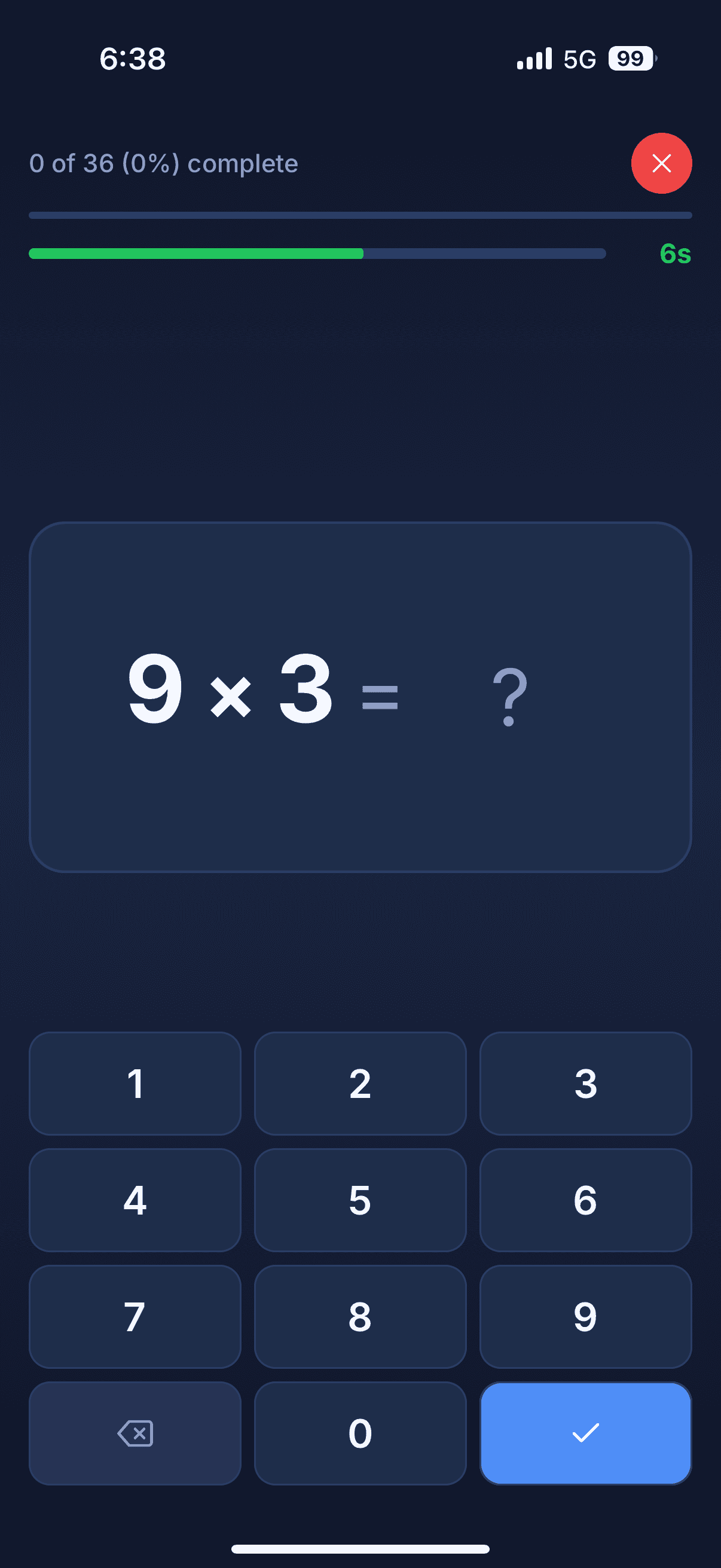 Math Mastery Lab practice card asking 9 × 3 with a number keypad.