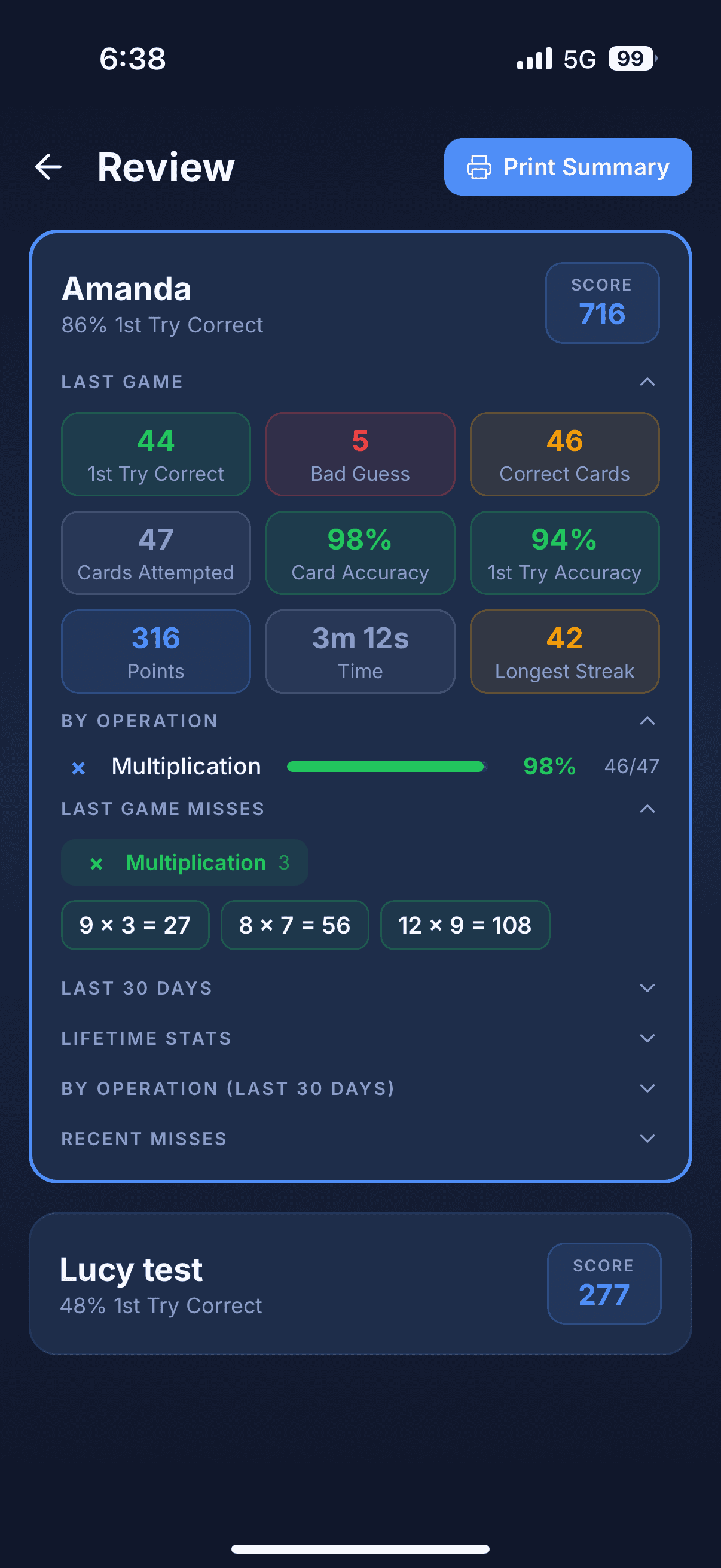 Review screen with scores, accuracy, and missed facts stored on the device.