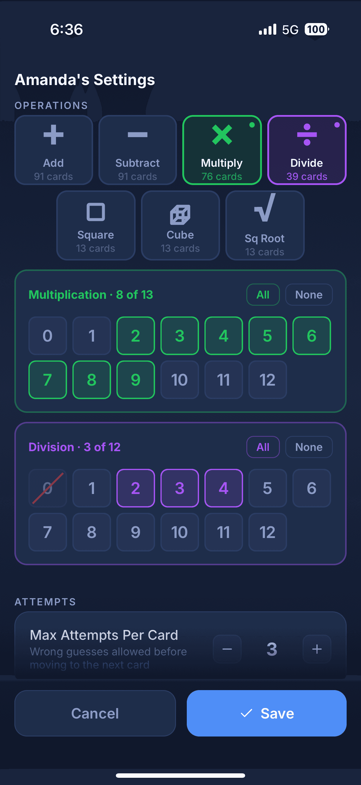 Per-player settings for addition, subtraction, multiplication, and division tables.